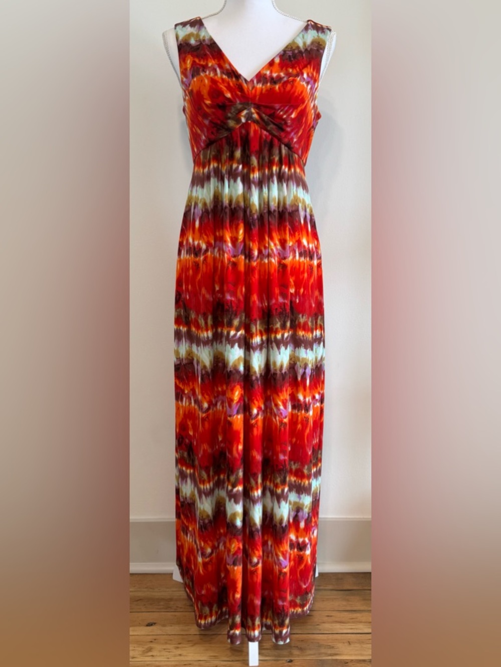 Chico's Tropical Trina Tie-dye Sleeveless V-neck Maxi Dress Non-wrinkle Size S